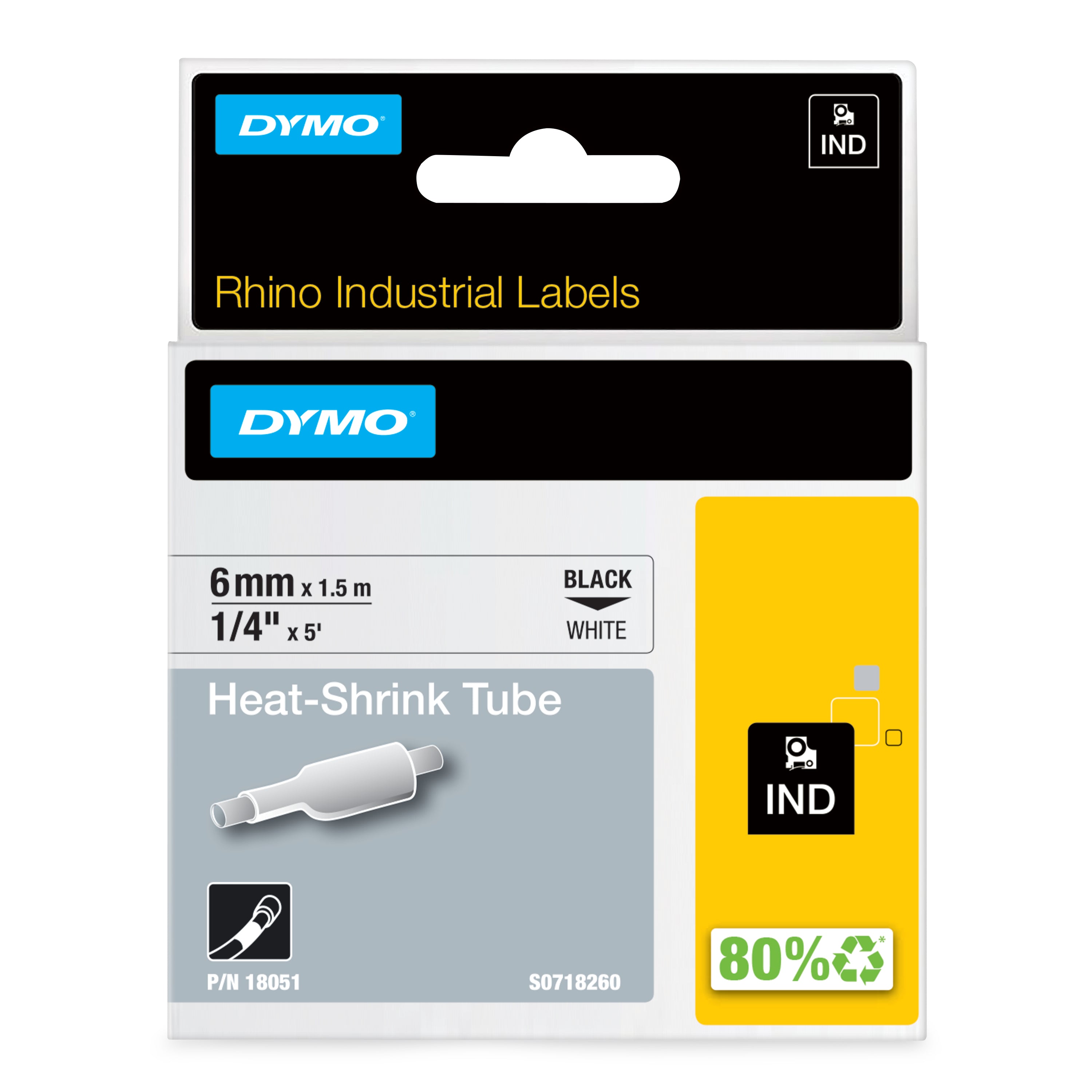 DYMO Rhino gaines thermorétractables industrielles | 6 mm x 1,5 m | Impression en noir sur fond blanc | pour étiqueteuses Rhino