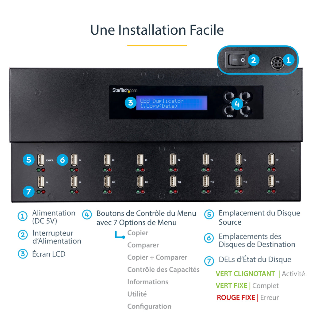 StarTech.com Duplicateur et Effaceur Autonome de 1 à 15 clés USB, Copieur de Plusieurs Clés USB, Copie Système et Fichier et Secteur par Secteur, 1,5 Go/min, Effacement en 3 Passes, Affichage LCD - vue 5