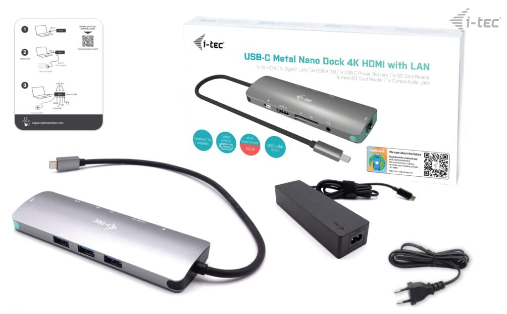 i-tec USB-C Metal Nano Docking Station 4K HDMI LAN with Power Delivery 100W + Universal Charger 100W