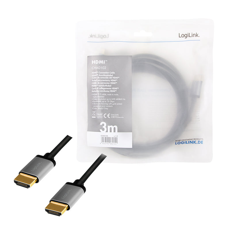 LogiLink CHA0102 Câble HDMI 2.0 Standard Type A, 3 m, Noir et Gris