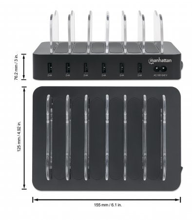 Manhattan Station de Charge USB-A 6 Ports, Smart IC 2.4A, Indicateurs LED, Noir