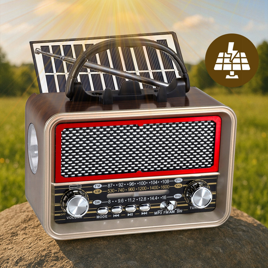 Radio Retro FM solaire Bluetooth portable à piles, avec antenne USB-C Zenwire BT-S060