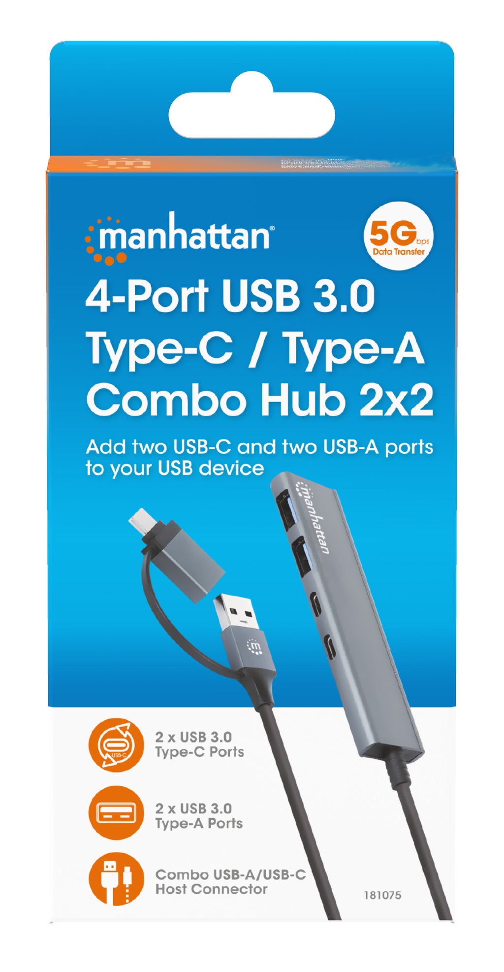 Manhattan Dock/hub combo USB-C & USB-A, 4 ports : 2x USB-A + 2x USB-C, 5 Gbit/s (USB 3.0), Alimenté par USB (aucune alim