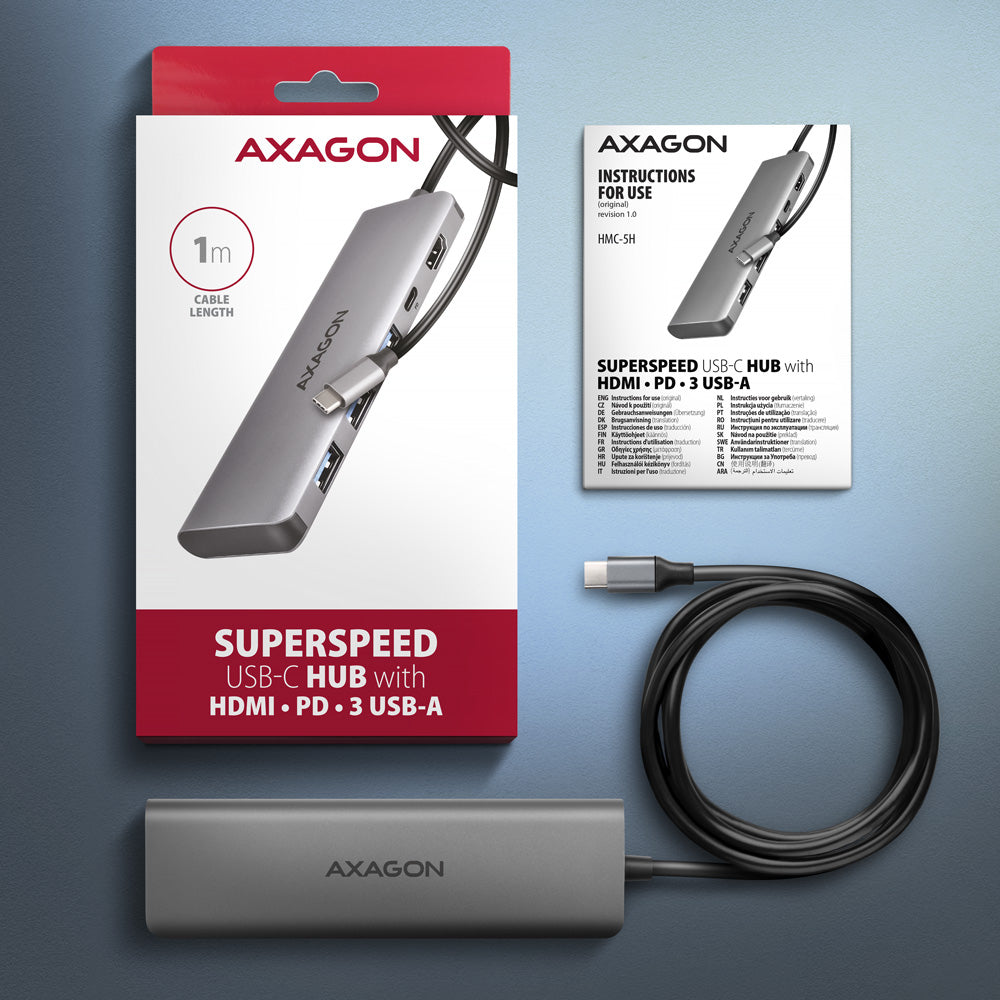 Axagon HMC-5H USB-C 3.2 Gen 1 hub 3x USB-A 4K HDMI PD 100W - Silber Avec fil USB 3.2 Gen 1 (3.1 Gen 1) Type-C Argent