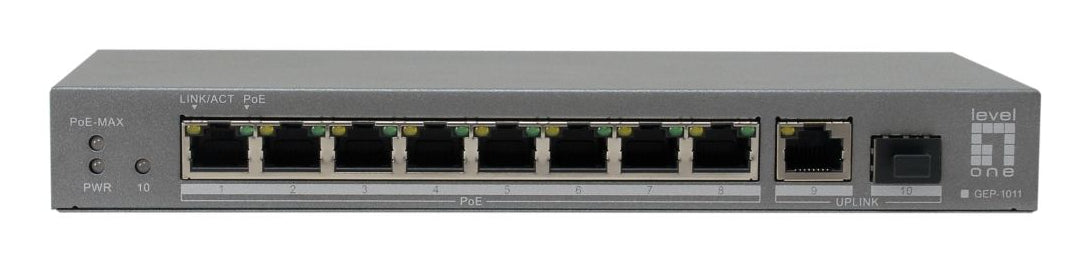 LevelOne Switch GEP-1011 10x FE, 1x GE, 1x GSFP, 8x PoE, 120W, Gris