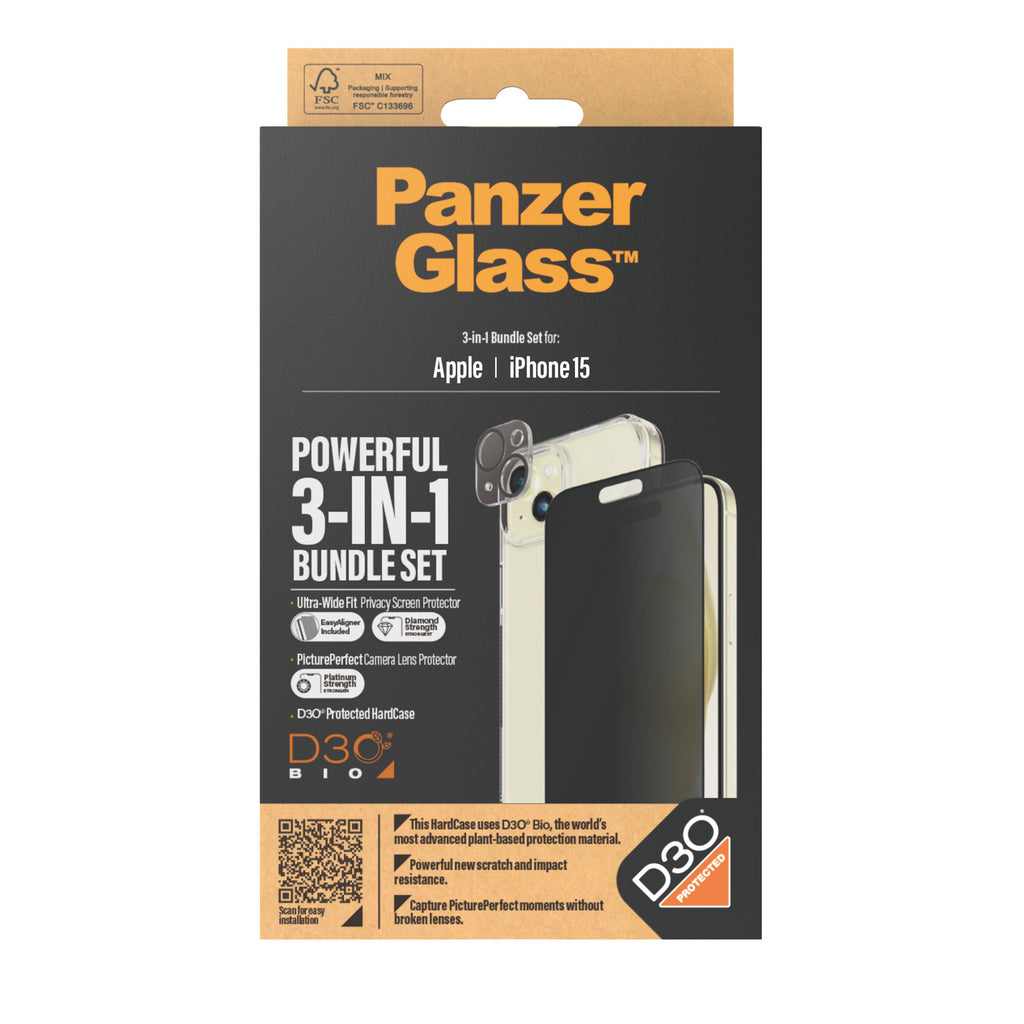 PanzerGlass ® 3-in-1 Privacy Bundle iPhone 15 Protection d'écran transparent Apple 1 pièce(s)