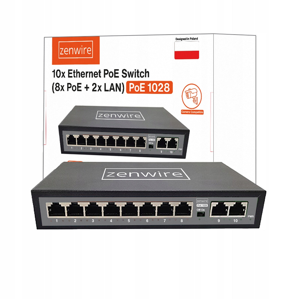 Commutateur répartiteur 10 ports (8 POE) avec 2 ports LAN Ethernet RJ45 pour caméras IP Zenwire 1028