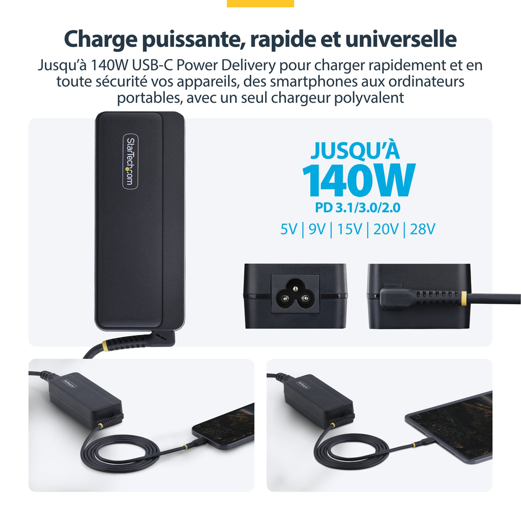 StarTech.com Chargeur USB-C pour Ordinateur Portable de 140W avec Câble USB-C Intégré de 1,2m, Adaptateur Secteur GaN po