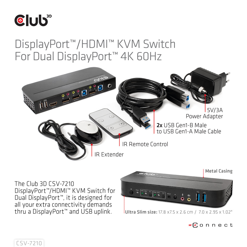 CLUB3D CSV-7210 Commutateur KVM Écran, Clavier et Souris, 4K Ultra HD, Noir