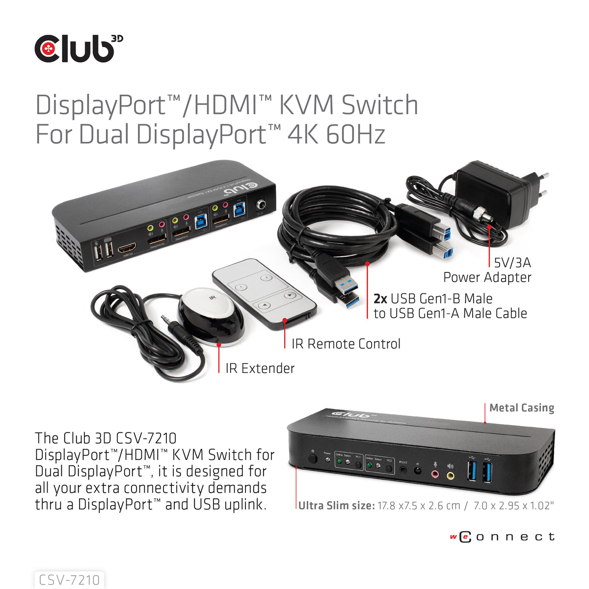 CLUB3D CSV-7210 Commutateur KVM Écran, Clavier et Souris, 4K Ultra HD, Noir
