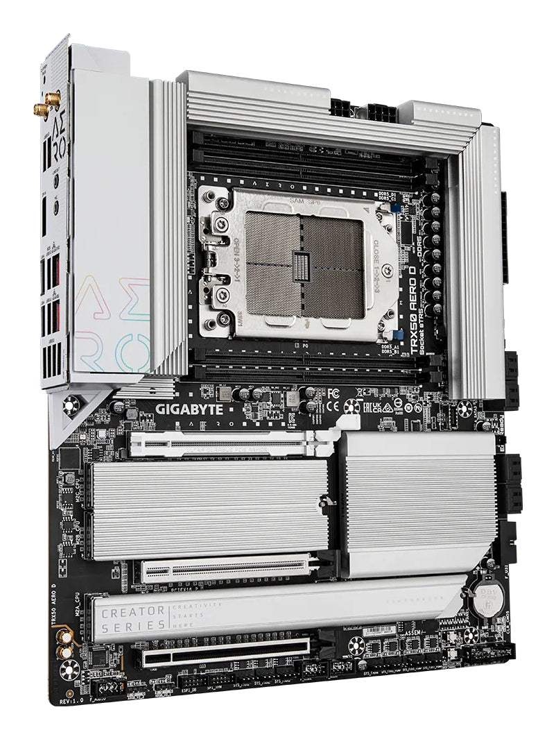 GIGABYTE TRX50 AERO D Carte mère - Compatible avec AMD Ryzen Threadripper 9000 Series CPUs, 16+8+4 Phases Digital VRM, up to 7800MHz DDR5 (OC), 3xPCIe 5.0 + 1xPCIe 4.0 M.2, Wi-Fi 7, 10GbE LAN, USB4