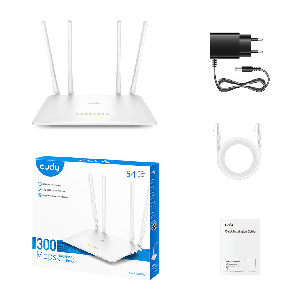 Cudy 300 Mbps Multi-Mode Wi-Fi Router, WR300S 1.0 routeur sans fil Fast Ethernet Monobande (2,4 GHz) Blanc