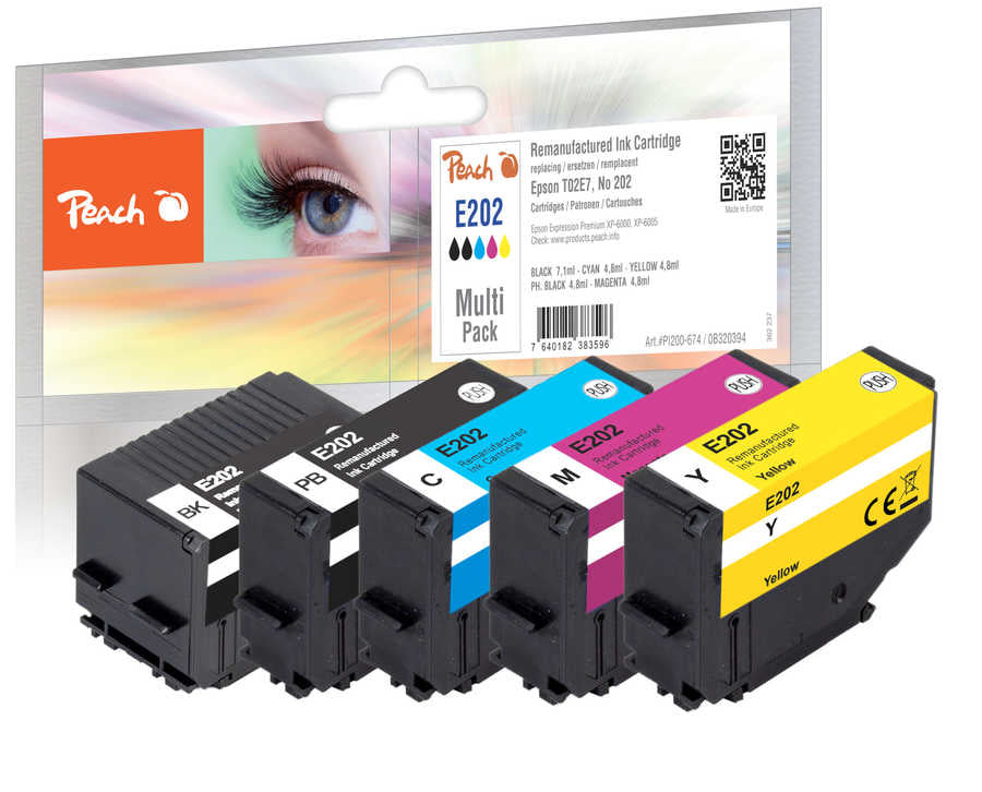 Peach Cartouches d'Encre Compatibles PI200-674, Pack de 5, Rendement Standard, Noir, Cyan, Magenta, Jaune