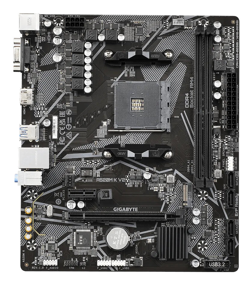 GIGABYTE Carte mère A520M K V2 - Prend en charge les processeurs AMD Ryzen série 5000 AM4, jusqu'à 5100MHz DDR4 (OC), PCIe Gen3 x4 M.2, LAN GbE, USB 3.2 Gen 1