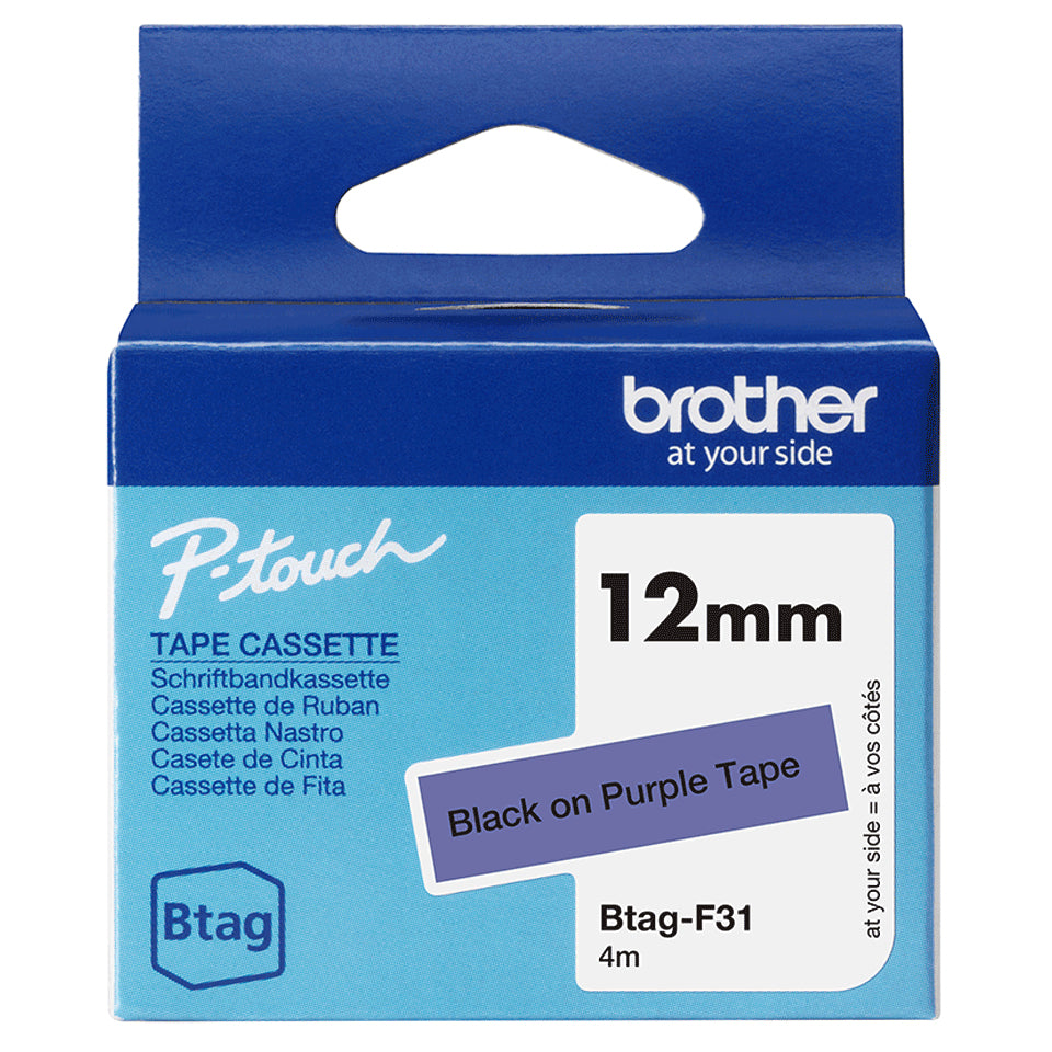 Brother BTAG-F31 – Ruban adhésif noir sur violet, 12 mm de large, non laminé