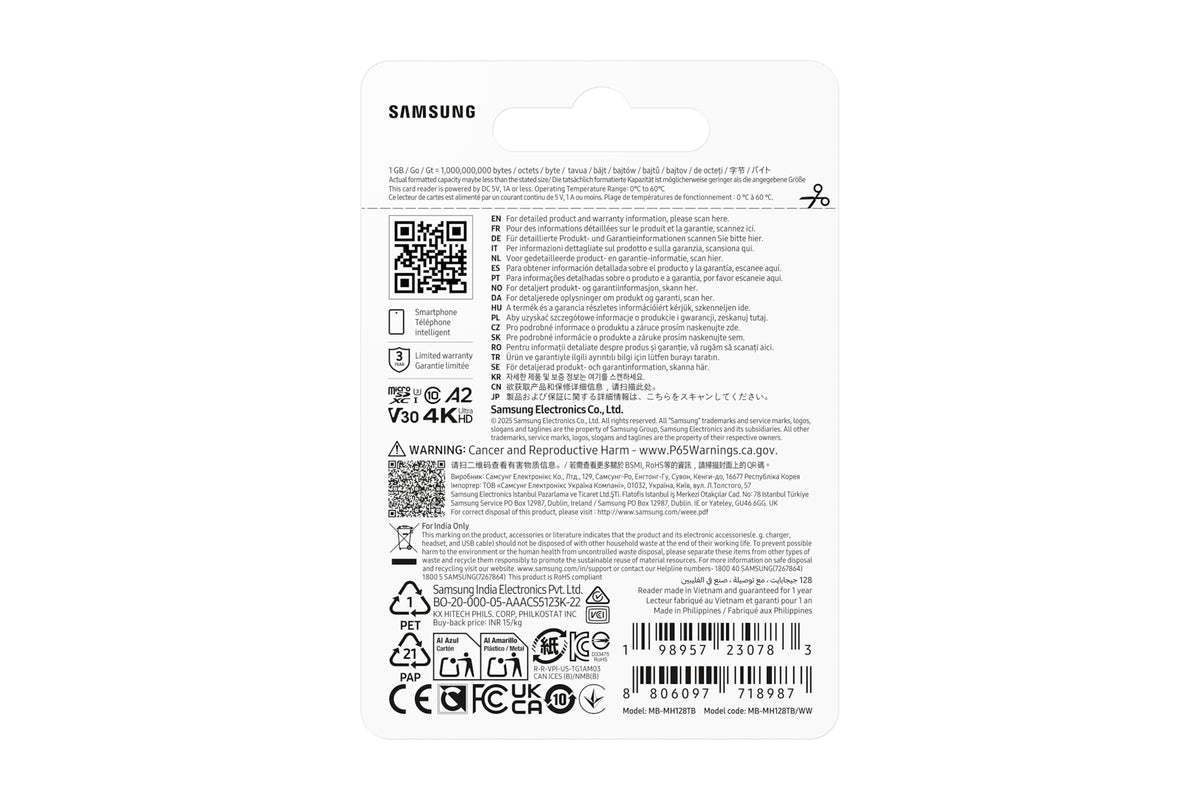 Samsung Carte microSDXC UHS-I 128 Go avec Lecteur USB, T9, U3, V30, A2