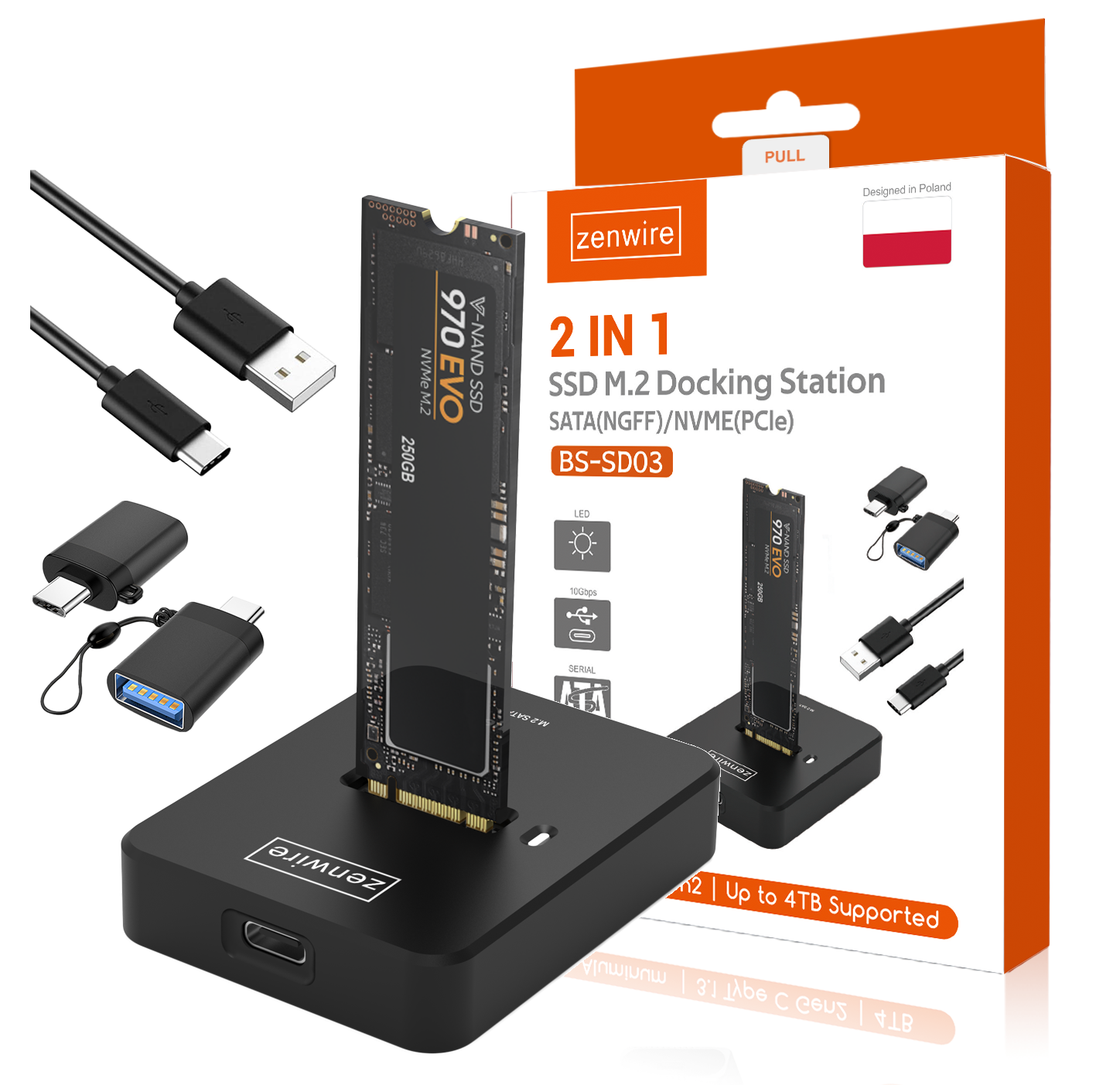 Adaptateur SSD M.2 NVMe PCIe/SATA NGFF, boîtier de disque M.2, USB-C 10 Gbit/s, Zenwire SD-03