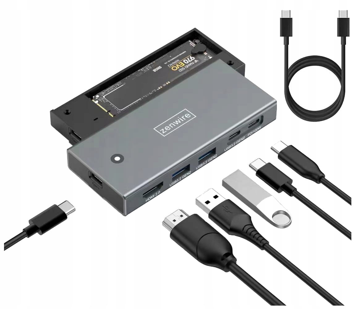 HUB Boîtier pour SSD M.2 NVMe PCIe SATA NGFF USB-C 3.2 HDMI 2.0 Adaptateur M.2 10 Gbps Power Delivery 100 W Zenwire MC501