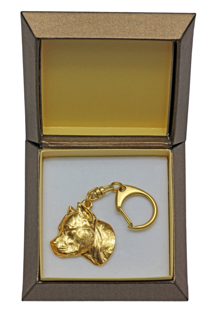 American Staffordshire Terrier, Amstaff II - Gilded key ring with dog in gift box, handbag decoration, luxury accessory by Art-Dog brand