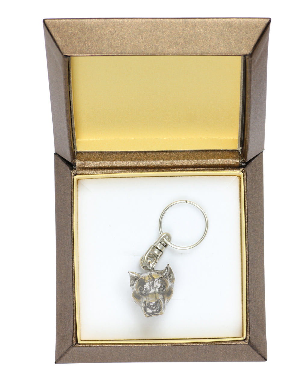 American Staffordshire Terrier, Amstaff - Silver-plated pendant with a dog in a decorative box, handbag decoration, backpack pendant by Art-Dog brand
