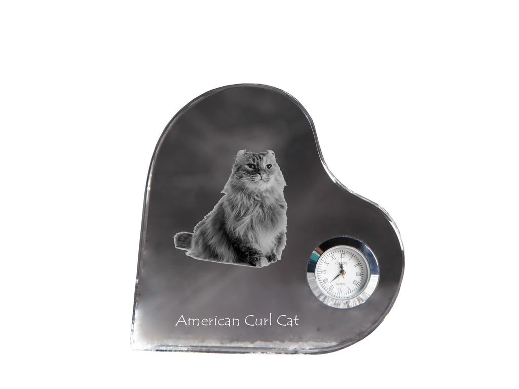 American Curl - crystal clock with a picture of a cat, heart-shaped shelf clock, personalized standing clock by Art-Dog brand