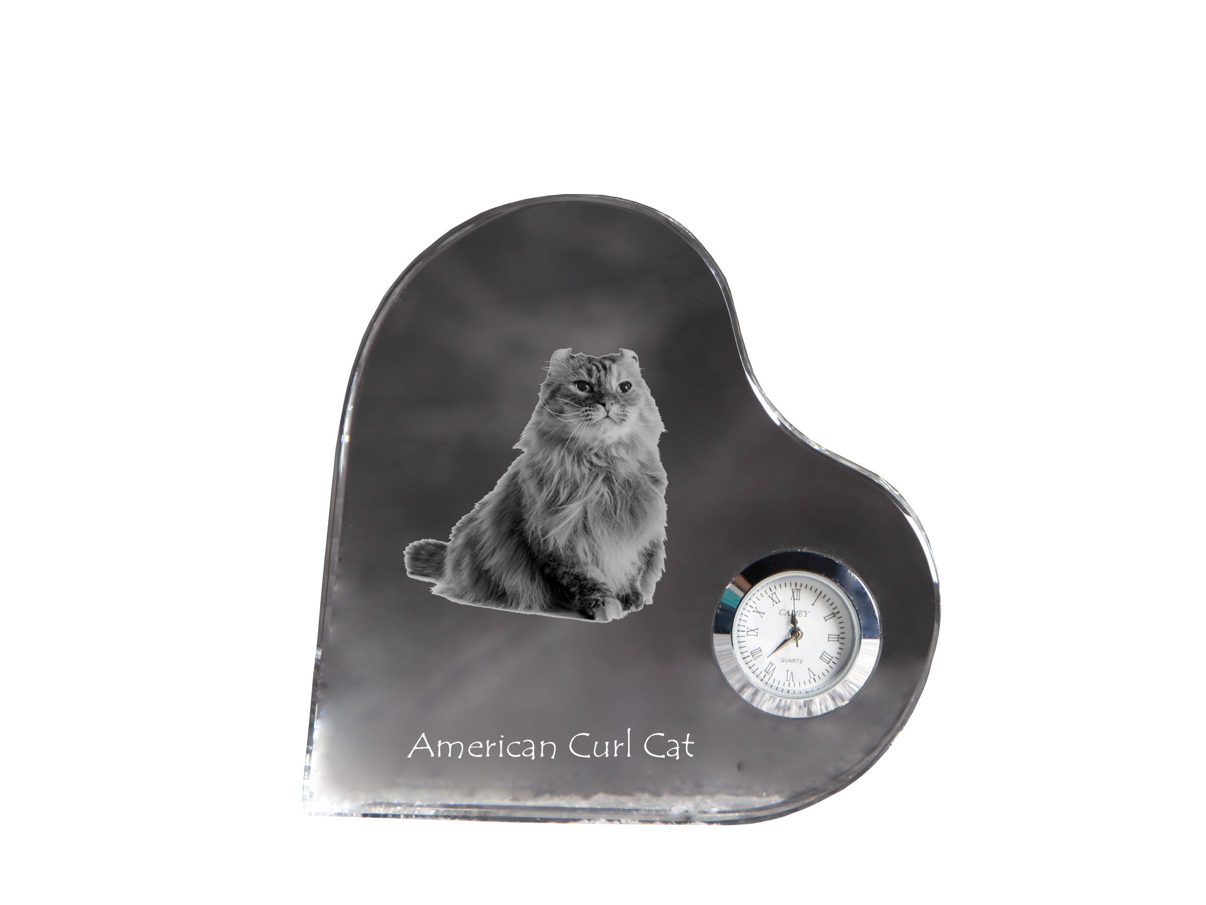 American Curl - crystal clock with a picture of a cat, heart-shaped shelf clock, personalized standing clock by Art-Dog brand