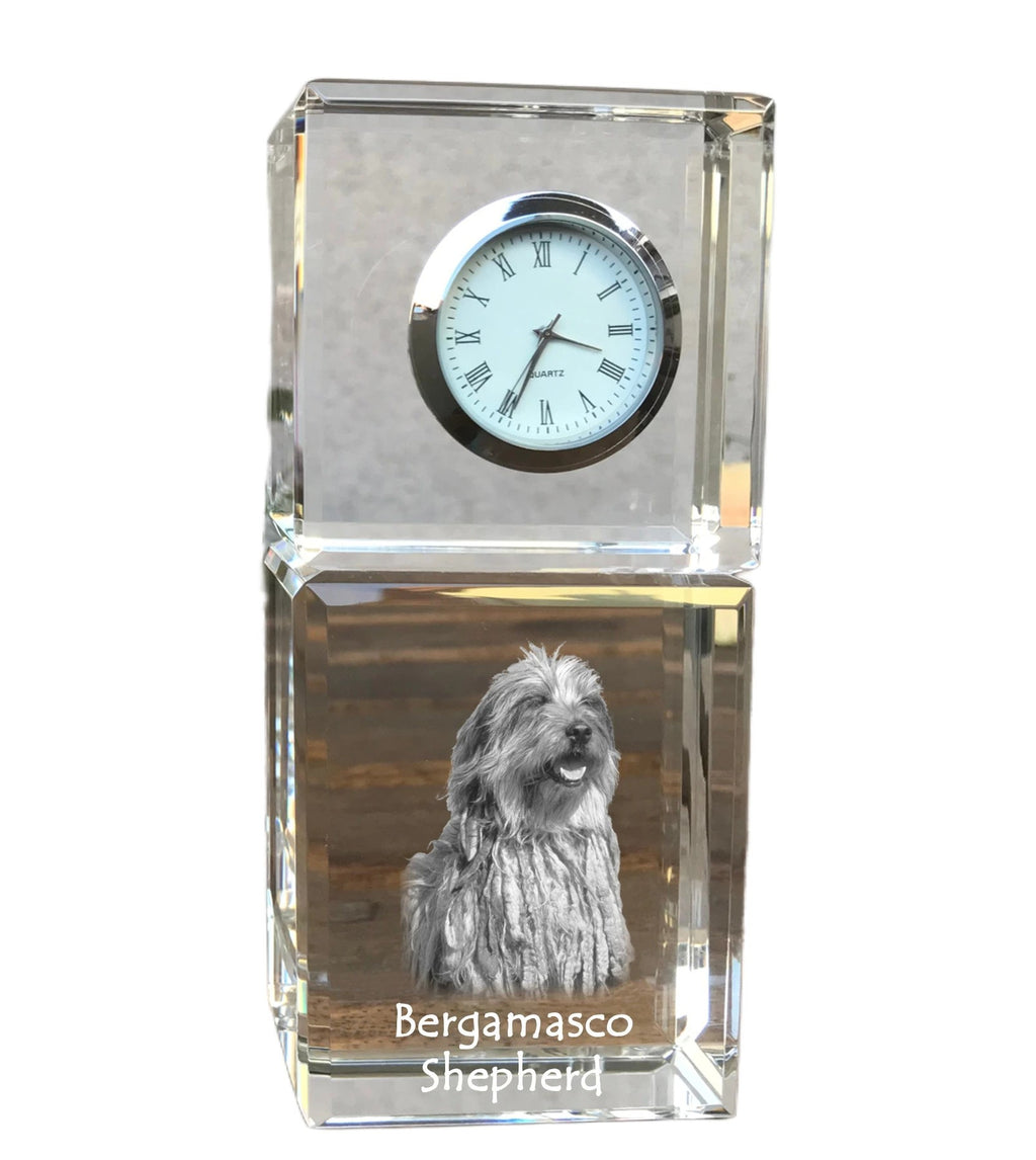 Bergamasco Shepherd Dog, Bergamasco Sheepdog - crystal clock with a photo, a photo of a dog in crystal, personalized desk clock by Art-Dog brand