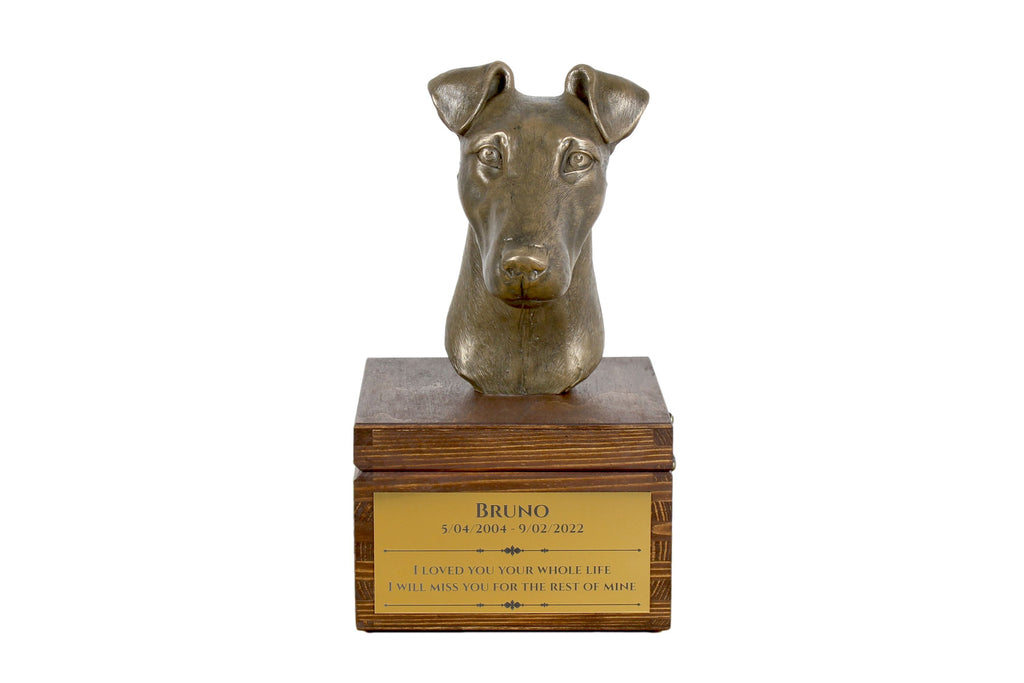 Fox Terrier Smooth - urn for dog ashes with a statuette, small urn for a dog, personalized urn with a bust of a dog by Art-Dog brand