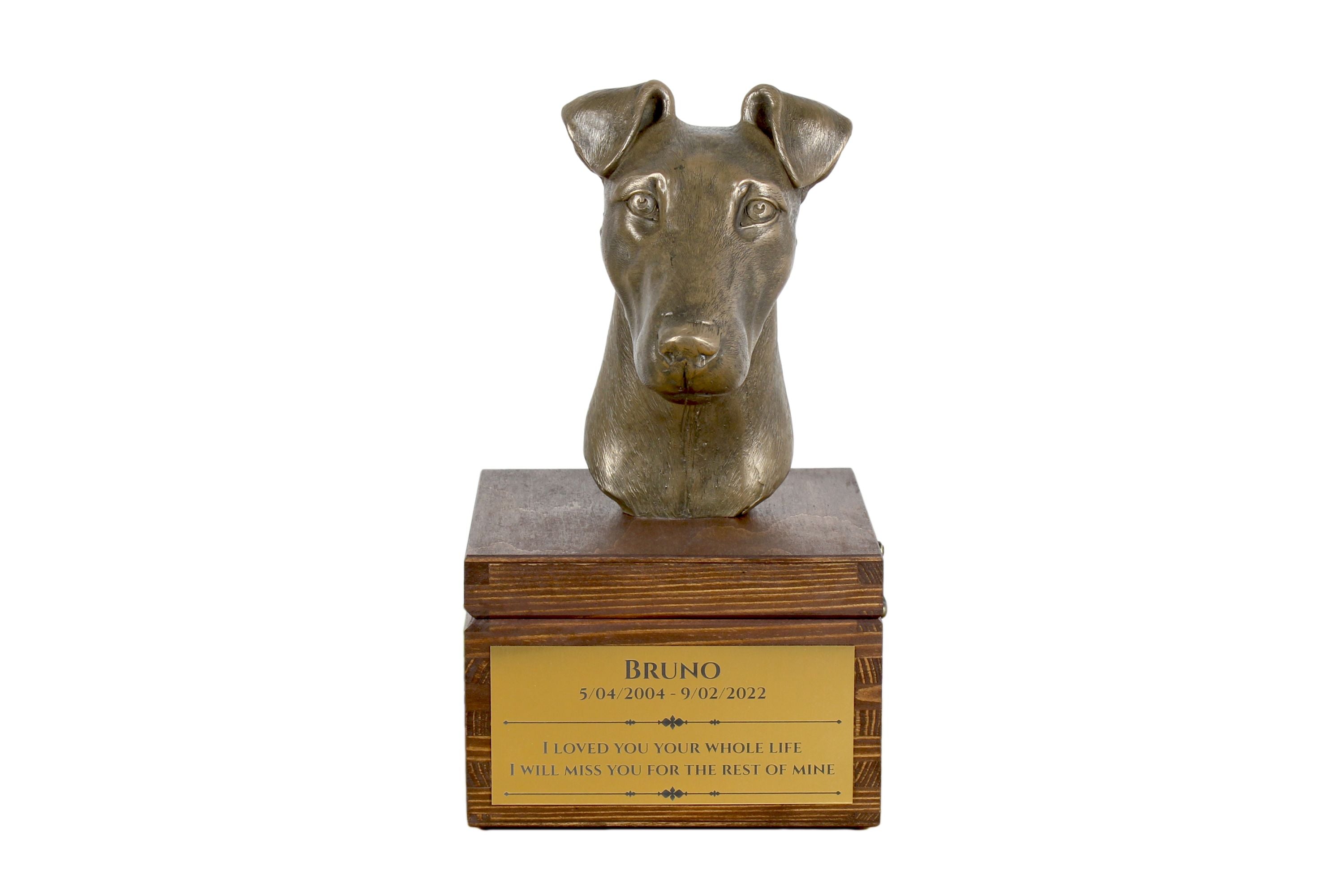 Fox Terrier Smooth - urn for dog ashes with a statuette, small urn for a dog, personalized urn with a bust of a dog by Art-Dog brand