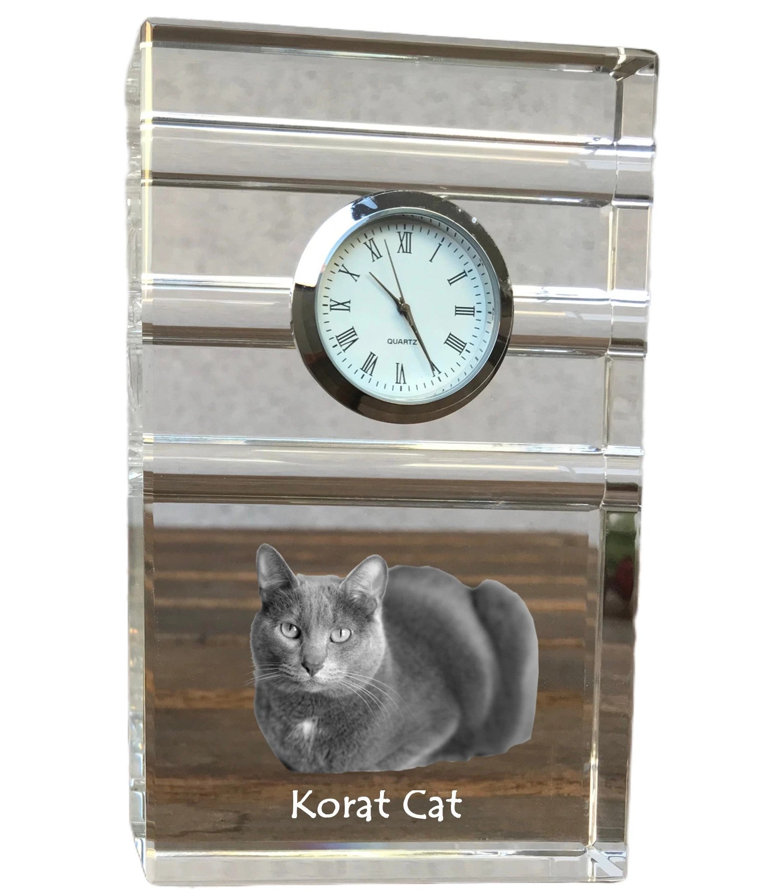 Korat - glass clock with a photo, photo of a cat in crystal, personalized standing office clock by Art-Dog brand