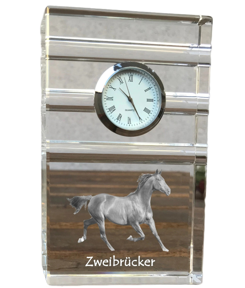 Zweibrücker - glass clock with a photo, photo of a horse in crystal, personalized standing office clock by Art-Dog brand