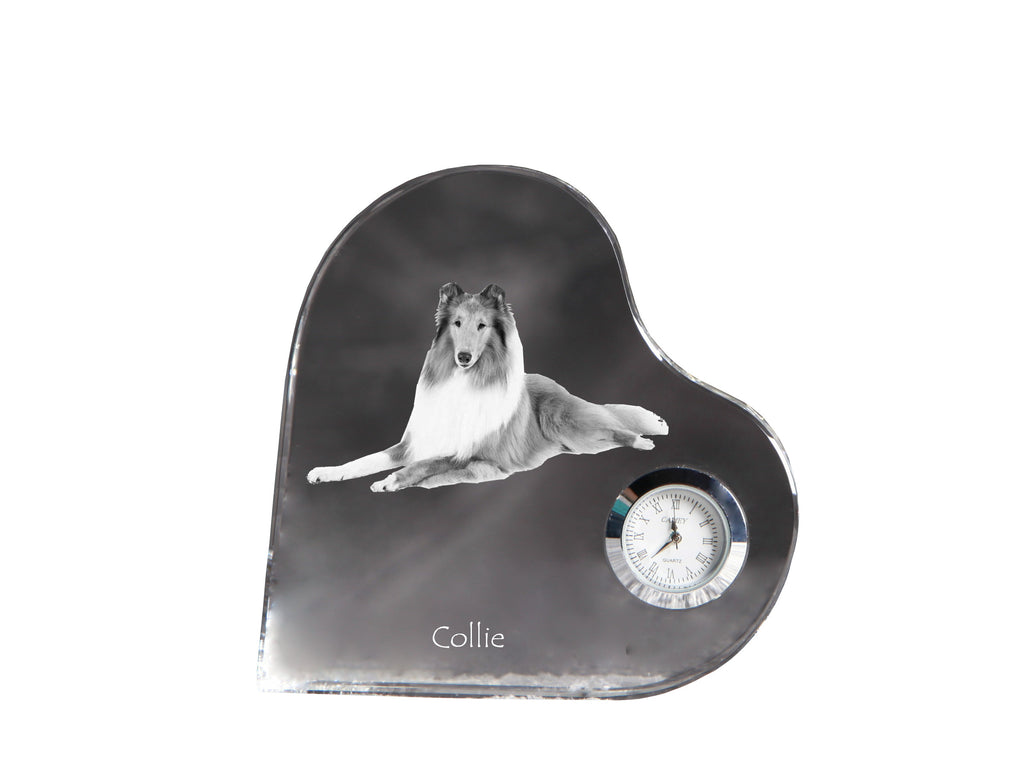 Collie Rough, Long-Haired Collie - crystal clock with a dog picture, heart-shaped shelf clock, personalized standing clock by Art-Dog brand