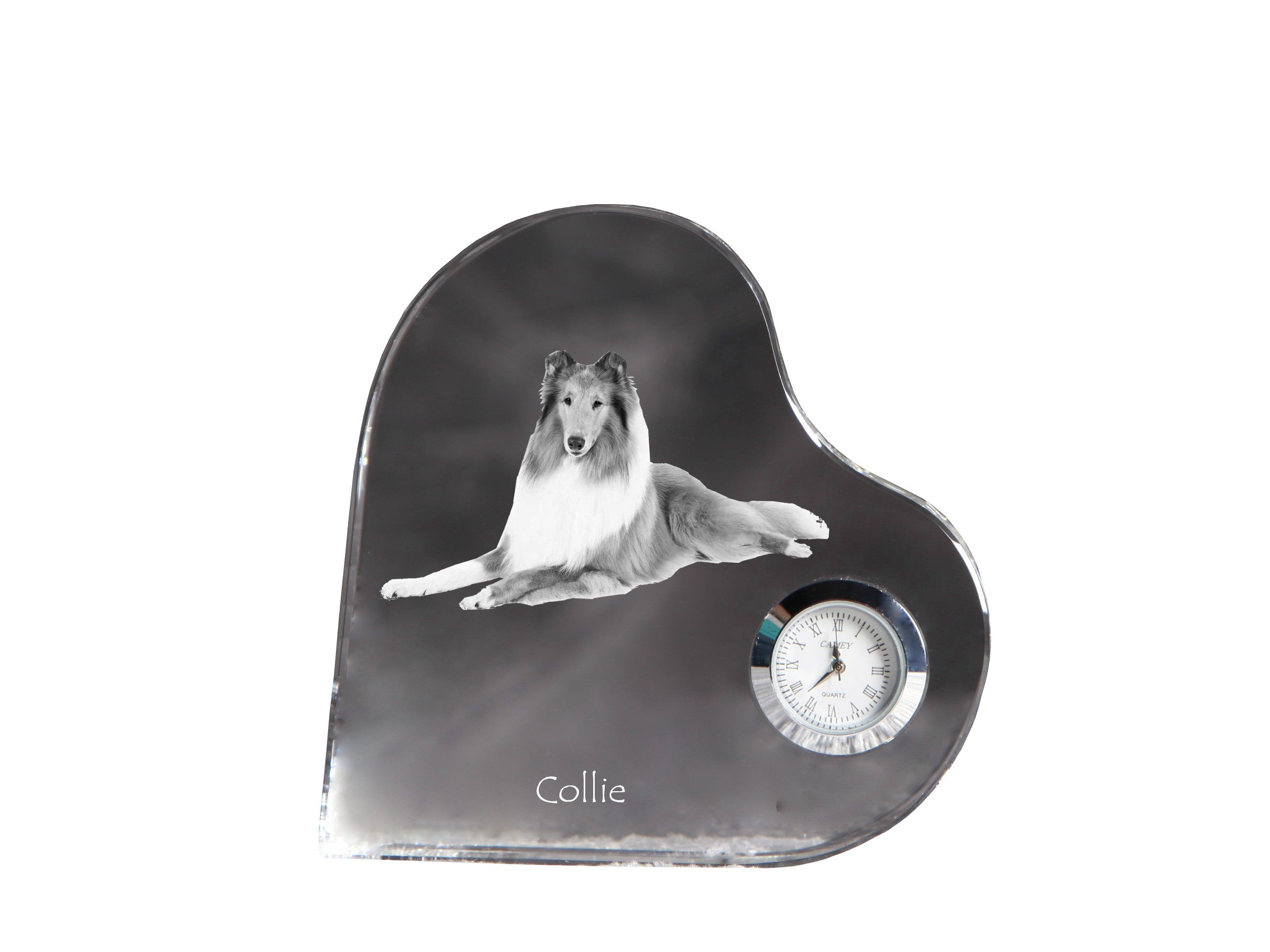 Collie Rough, Long-Haired Collie - crystal clock with a dog picture, heart-shaped shelf clock, personalized standing clock by Art-Dog brand