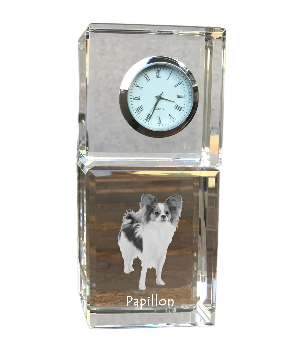 Papillon, Continental Toy Spaniel, Butterfly dog - crystal clock with a photo, a photo of a dog in crystal, personalized desk clock by Art-Dog brand