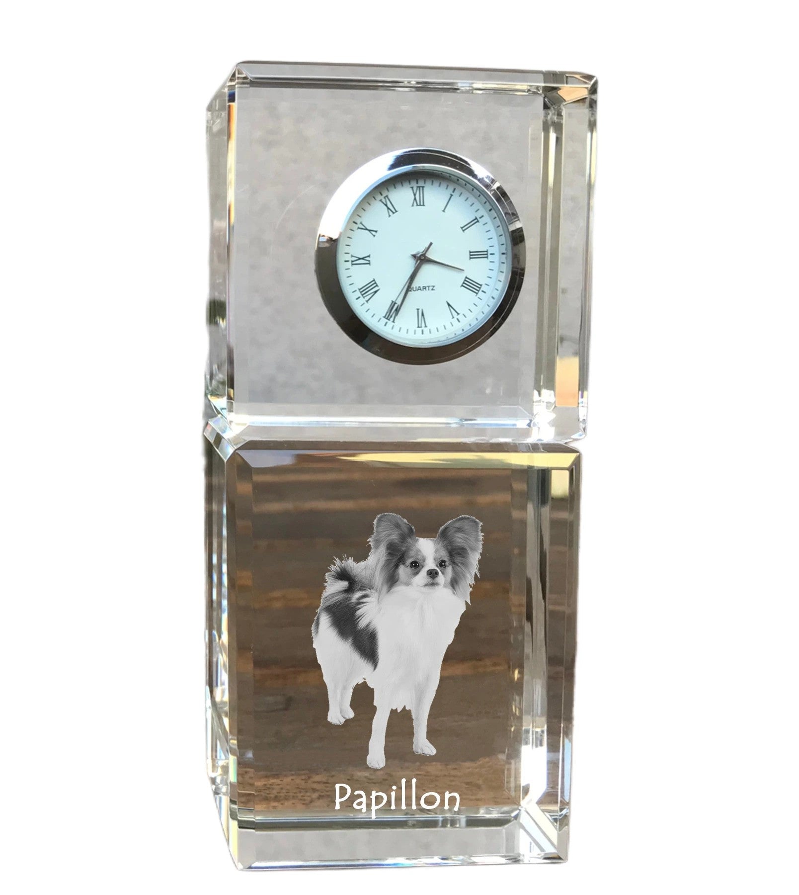 Papillon, Continental Toy Spaniel, Butterfly dog - crystal clock with a photo, a photo of a dog in crystal, personalized desk clock by Art-Dog brand