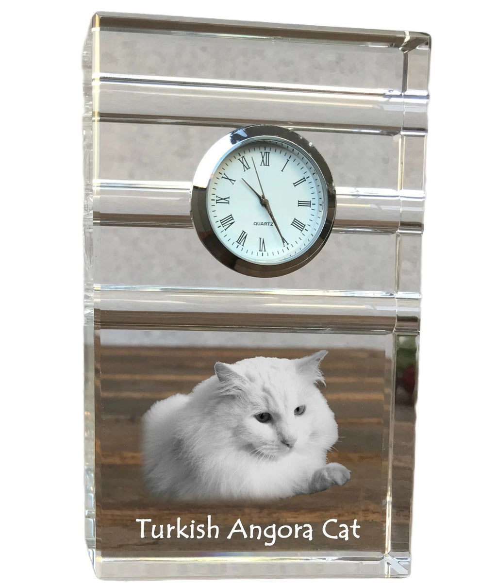 Turkish Angora - glass clock with a photo, photo of a cat in crystal, personalized standing office clock by Art-Dog brand