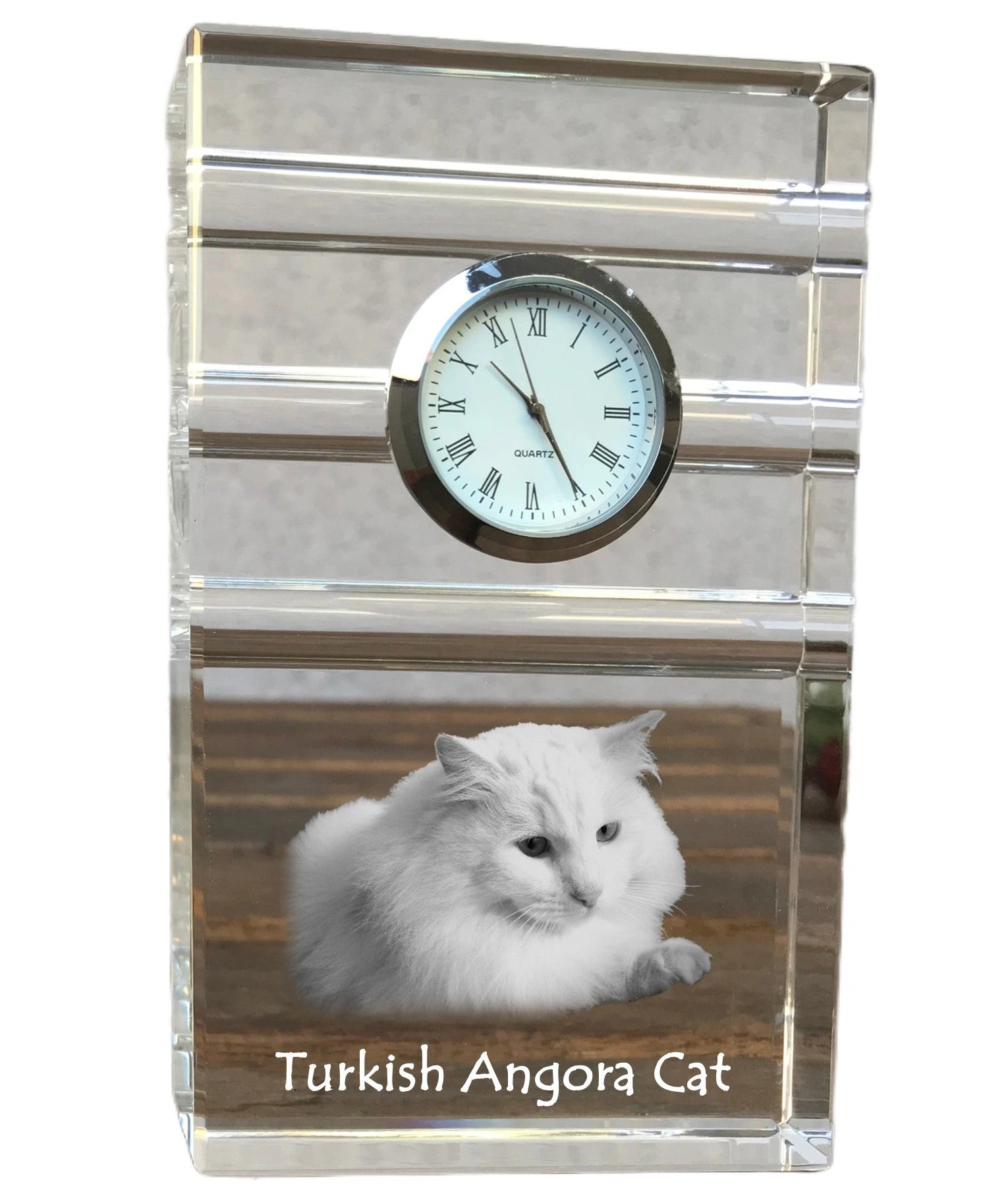Turkish Angora - glass clock with a photo, photo of a cat in crystal, personalized standing office clock by Art-Dog brand