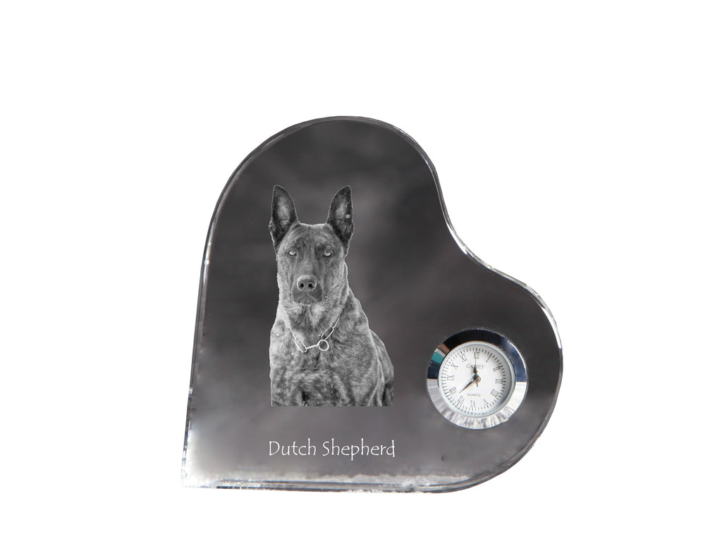 Dutch Shepherd Dog, Dutch Herder - crystal clock with a dog picture, heart-shaped shelf clock, personalized standing clock by Art-Dog brand