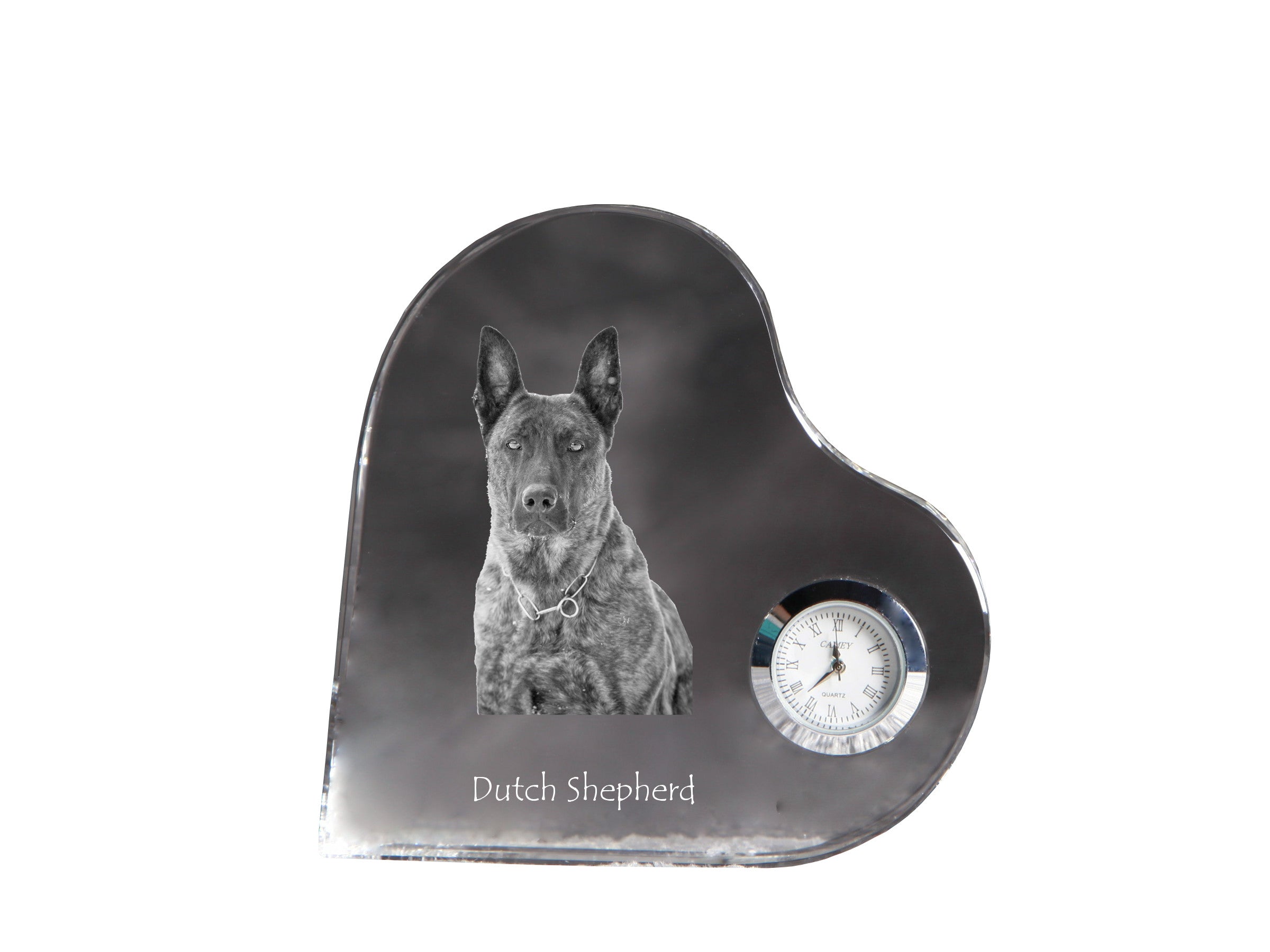 Dutch Shepherd Dog, Dutch Herder - crystal clock with a dog picture, heart-shaped shelf clock, personalized standing clock by Art-Dog brand