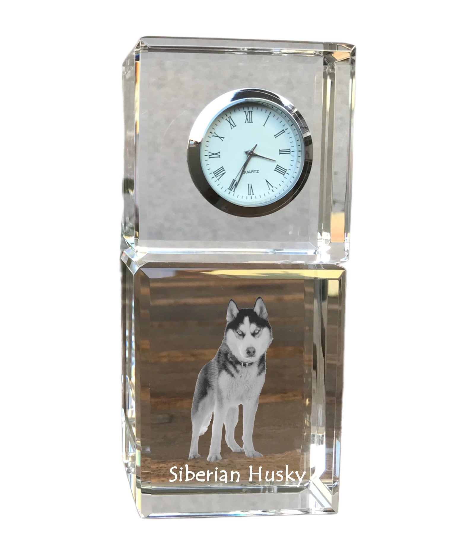 Siberian Husky, Chukcha - crystal clock with a photo, a photo of a dog in crystal, personalized desk clock by Art-Dog brand