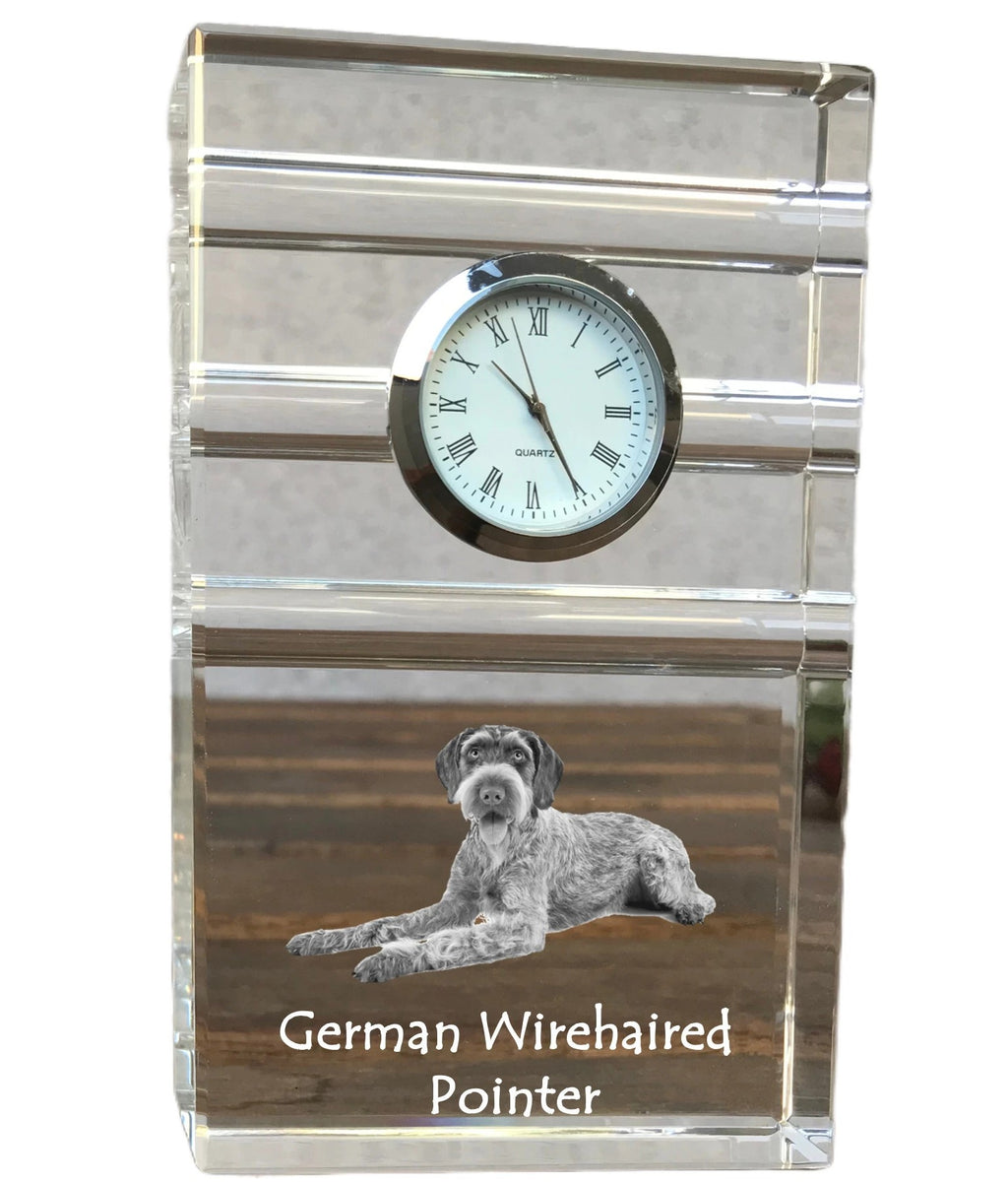 German Wirehaired Pointer - glass clock with a photo, photo of a dog in crystal, personalized standing office clock by Art-Dog brand