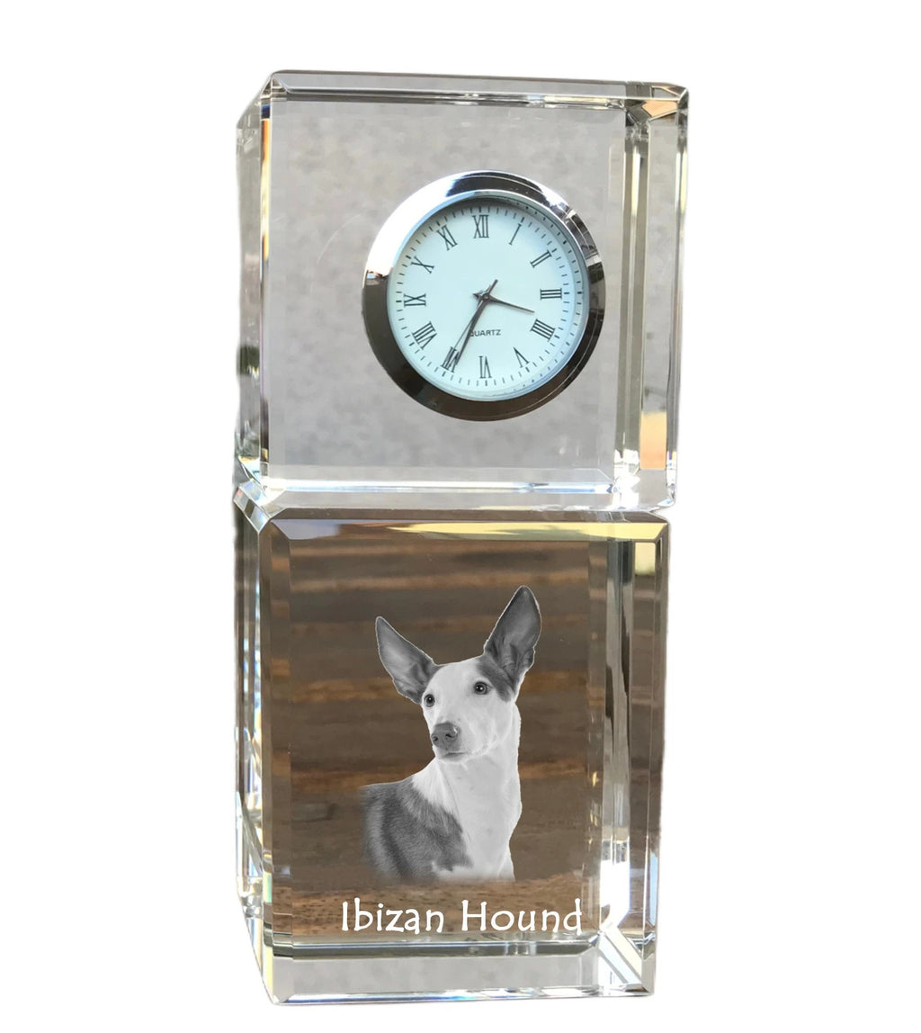 Ibizan Hound, Ibizan Podenco, Ibizan Warren Hound - crystal clock with a photo, a photo of a dog in crystal, personalized desk clock by Art-Dog brand