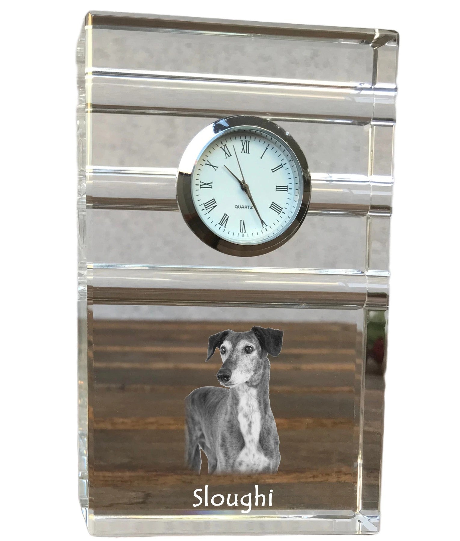 Saluki, Persian Greyhound, Arabian hound, Gazelle hound - glass clock with a photo, photo of a dog in crystal, personalized standing office clock by Art-Dog brand