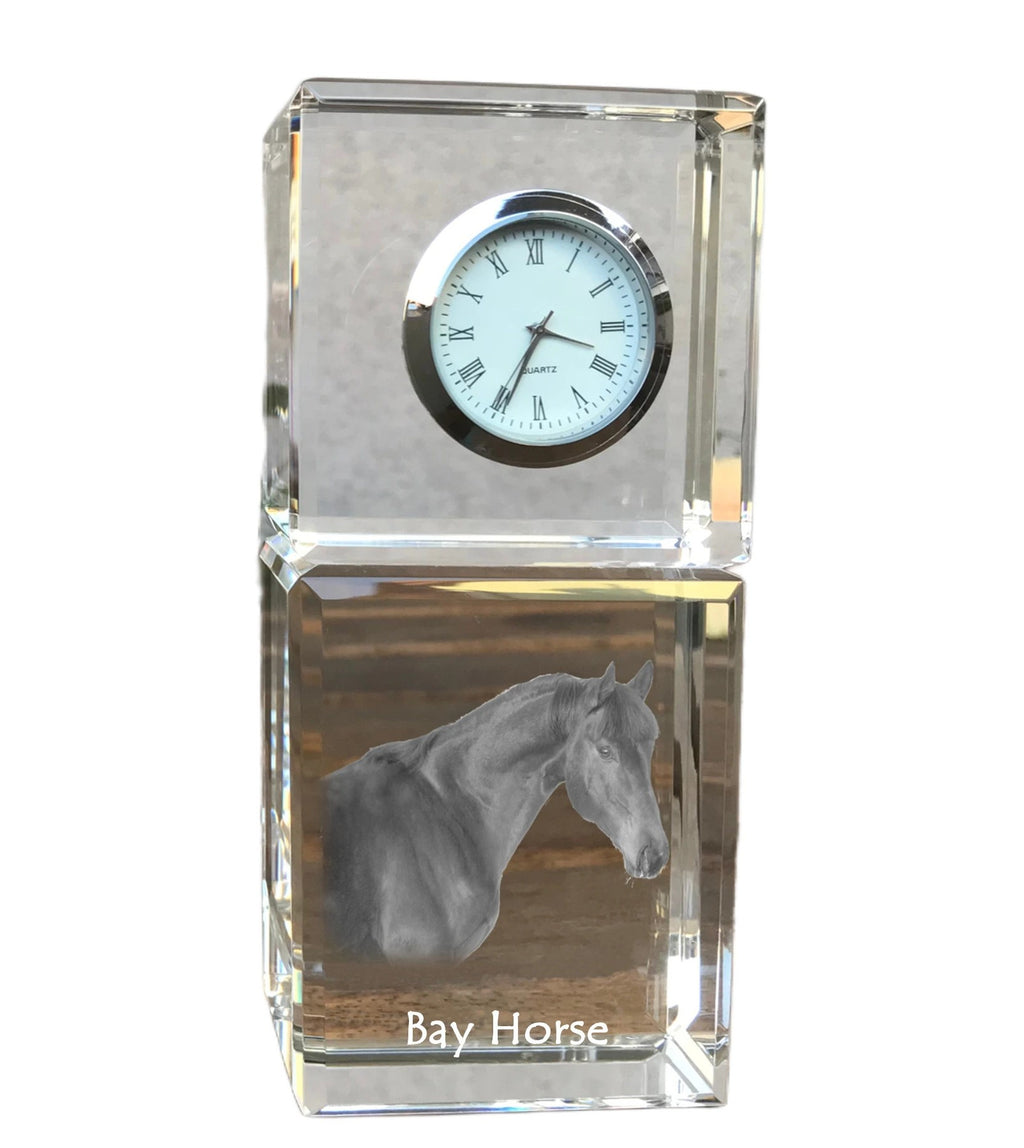 Bay Horse - crystal clock with a photo, photo of a horse in crystal, personalized desk clock by Art-Dog brand