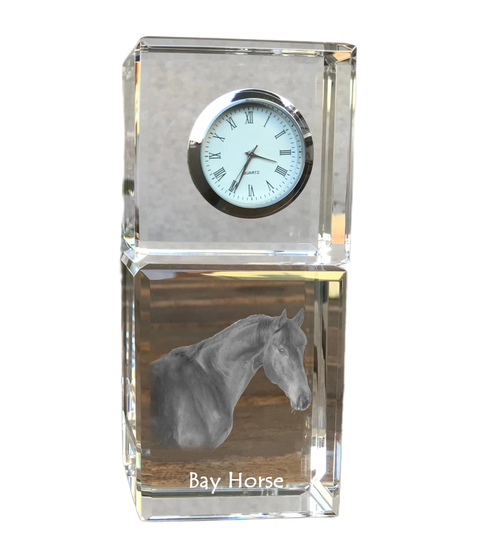 Bay Horse - crystal clock with a photo, photo of a horse in crystal, personalized desk clock by Art-Dog brand