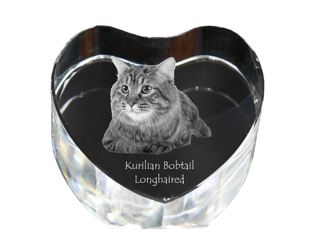 Kurilian bobtail longhaired - crystal clock with a picture of a cat, heart-shaped shelf clock, personalized standing clock by Art-Dog brand