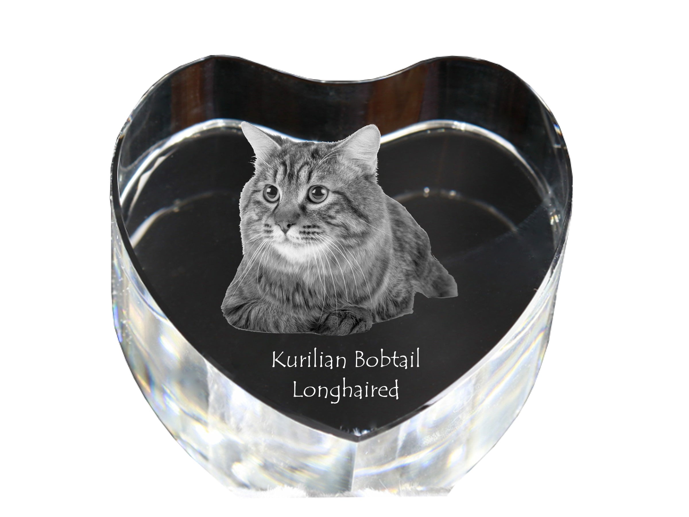 Kurilian bobtail longhaired - crystal clock with a picture of a cat, heart-shaped shelf clock, personalized standing clock by Art-Dog brand