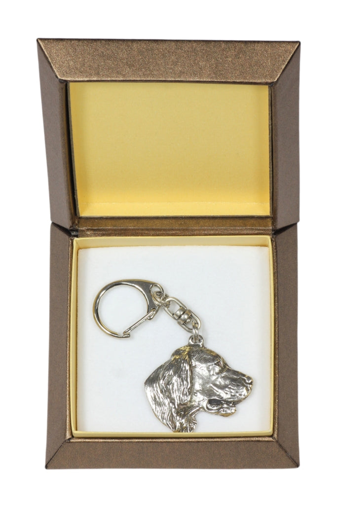 English setter, Lawerack, Laverack - Silver-plated key ring with a dog in a gift box, handbag decoration, backpack pendant by Art-Dog brand