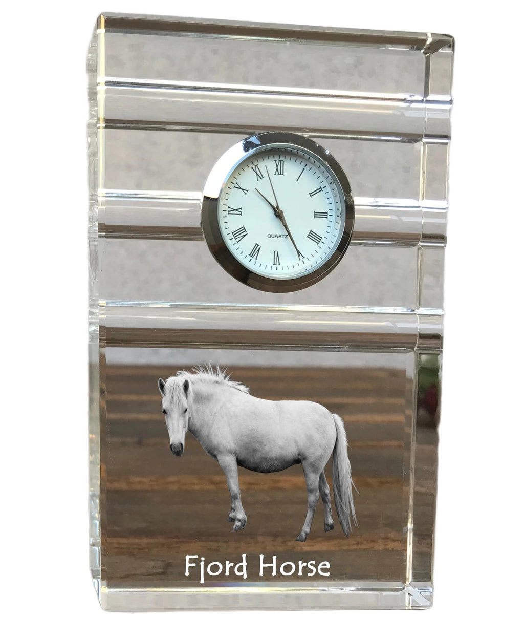 Fjord Horse - glass clock with a photo, photo of a horse in crystal, personalized standing office clock by Art-Dog brand