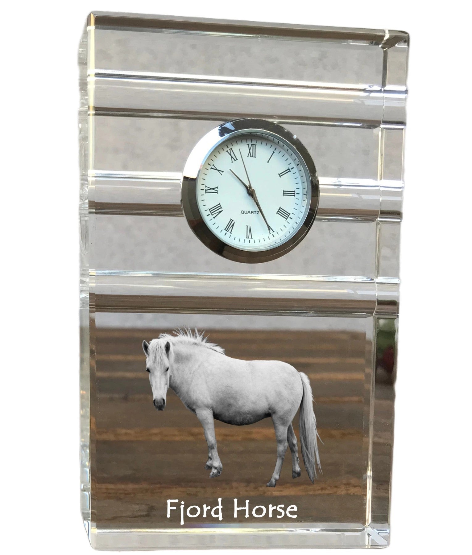 Fjord Horse - glass clock with a photo, photo of a horse in crystal, personalized standing office clock by Art-Dog brand